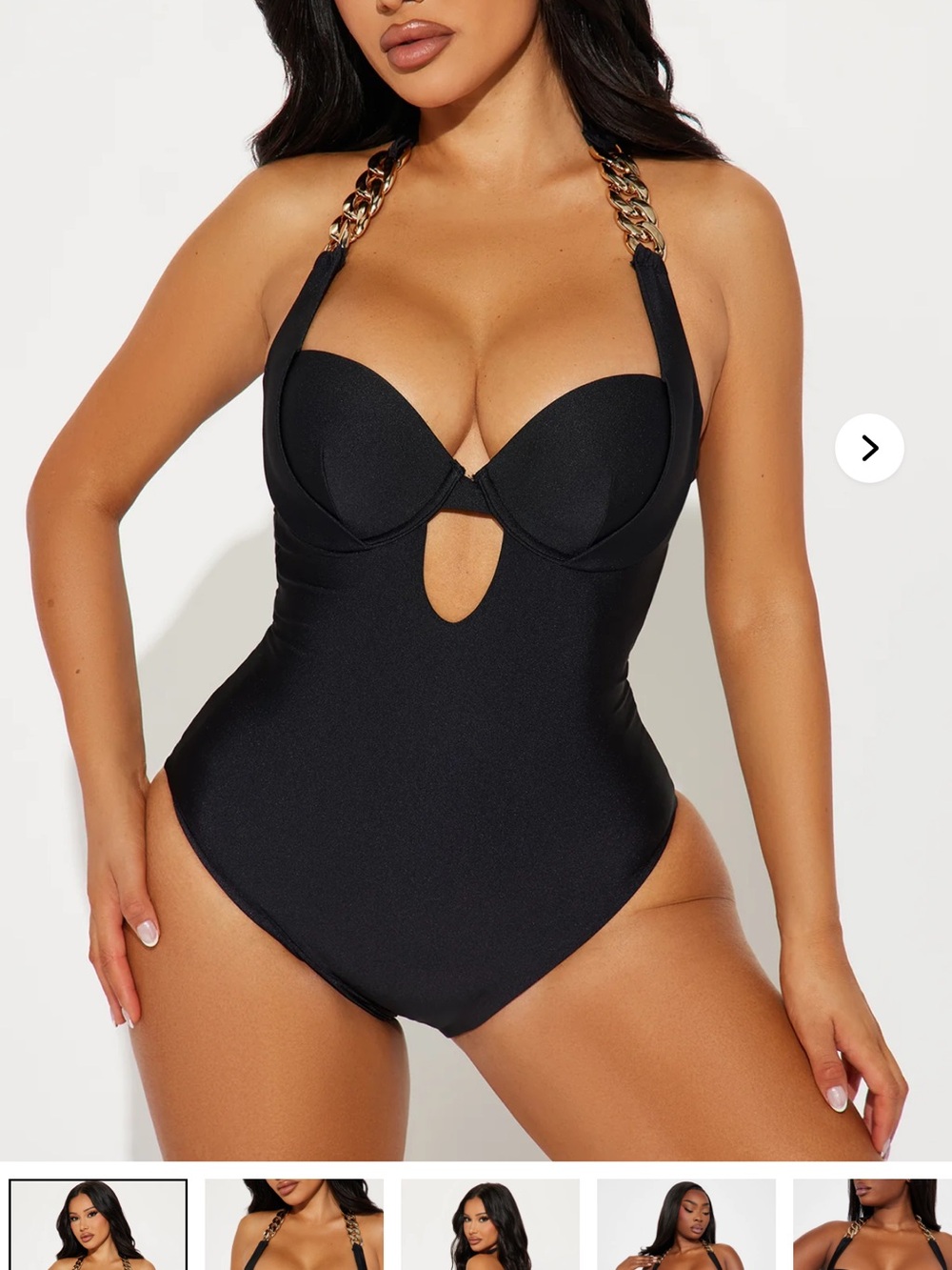 Fashion Nova Black One-Piece Swimsuit with Gold Chain Straps